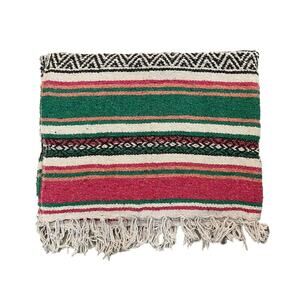 Earth Ragz Pink Green Striped Fringed Drug Rug blanket 67”x44” Made In Mexico‎